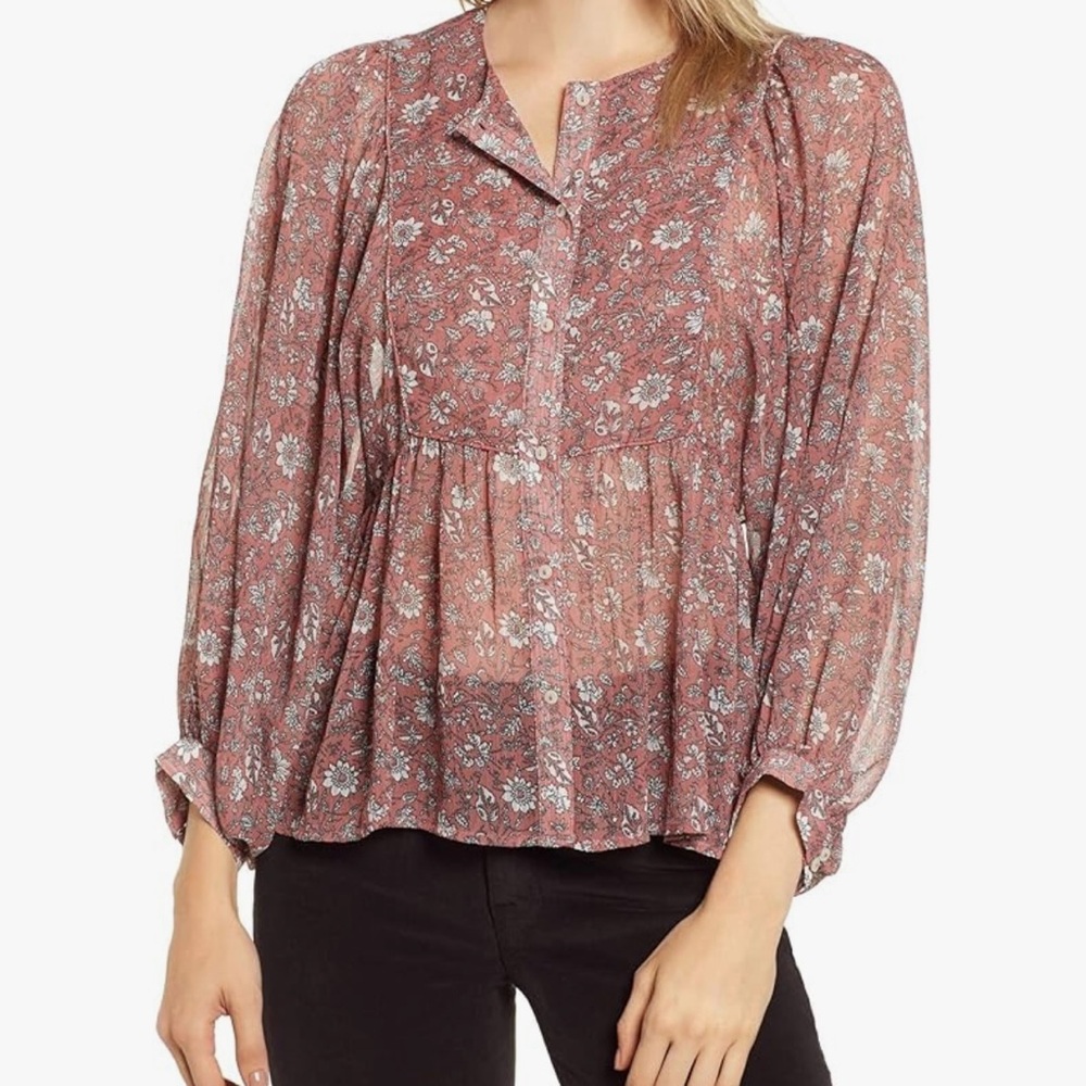 Lucky Brand Floral Blouse | Pink Sheer Long Sleeve Button Front | Size XS